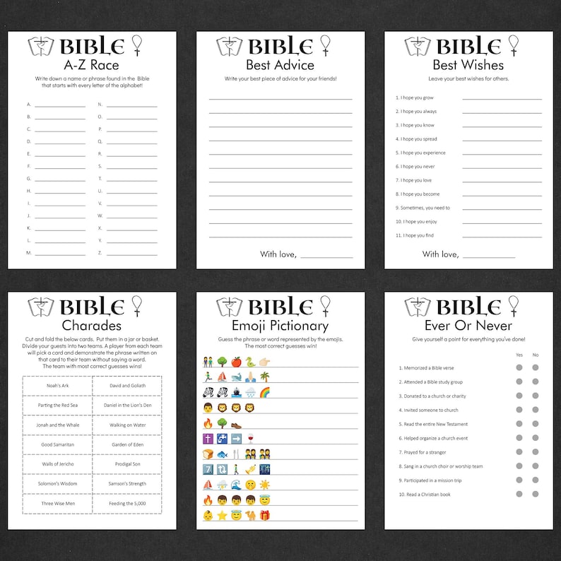 May include: A printable Bible-themed game set with six different games: A-Z Race, Best Advice, Best Wishes, Charades, Emoji Pictionary, and Ever or Never. Each game has a different theme and instructions.