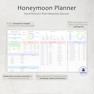May include: A digital Honeymoon Planner with sections for budgeting, packing, and itinerary. The planner includes a currency converter and is designed to help organize bookings and travel details. The title reads "Honeymoon Planner".