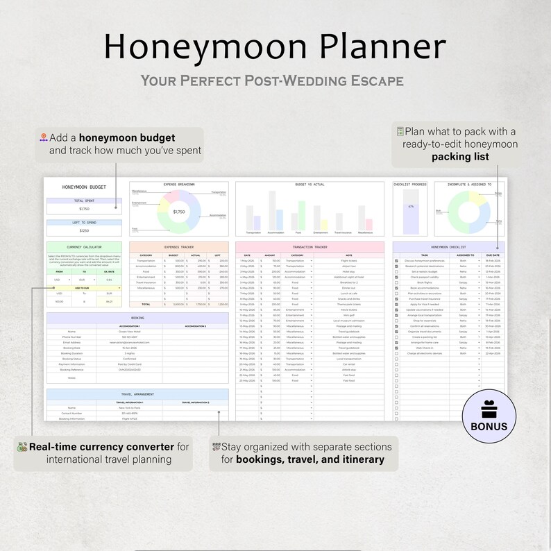 May include: A digital Honeymoon Planner with sections for budgeting, packing, and itinerary. The planner includes a currency converter and is designed to help organize bookings and travel details. The title reads "Honeymoon Planner".