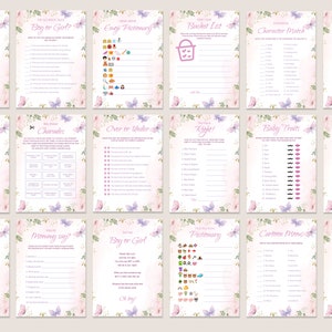 Puede incluir: Un conjunto de juegos de baby shower imprimibles con un tema floral rosa y morado. Los juegos incluyen "&iquest;Ni&ntilde;o o ni&ntilde;a?", "Pictionary de emojis", "Lista de cubos del primer a&ntilde;o", "Coincidencia de personajes de cuentos", "Adivinanzas", "M&aacute;s o menos", "El precio es correcto", "Rasgos del beb&eacute;", "&iquest;Mam&aacute; dice?", "No digas ni&ntilde;o o ni&ntilde;a", "Pictionary" y "Mam&aacute;s de dibujos animados".