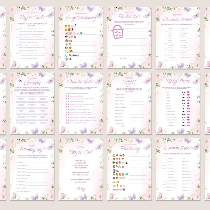Puede incluir: Un conjunto de juegos de baby shower imprimibles con un tema floral rosa y morado. Los juegos incluyen "&iquest;Ni&ntilde;o o ni&ntilde;a?", "Pictionary de emojis", "Lista de cubos del primer a&ntilde;o", "Coincidencia de personajes de cuentos", "Adivinanzas", "M&aacute;s o menos", "El precio es correcto", "Rasgos del beb&eacute;", "&iquest;Mam&aacute; dice?", "No digas ni&ntilde;o o ni&ntilde;a", "Pictionary" y "Mam&aacute;s de dibujos animados".