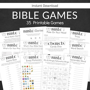 May include: A collection of printable Bible game cards. The cards feature various games such as Mind Match, Bible-Gories, Plate on Your Head, Church Candy Dice, Trivia, Word Search, Iconic Duo, Emoji Pictionary, Mix & Mingle Fellowship Bingo, and Unscramble Word.
