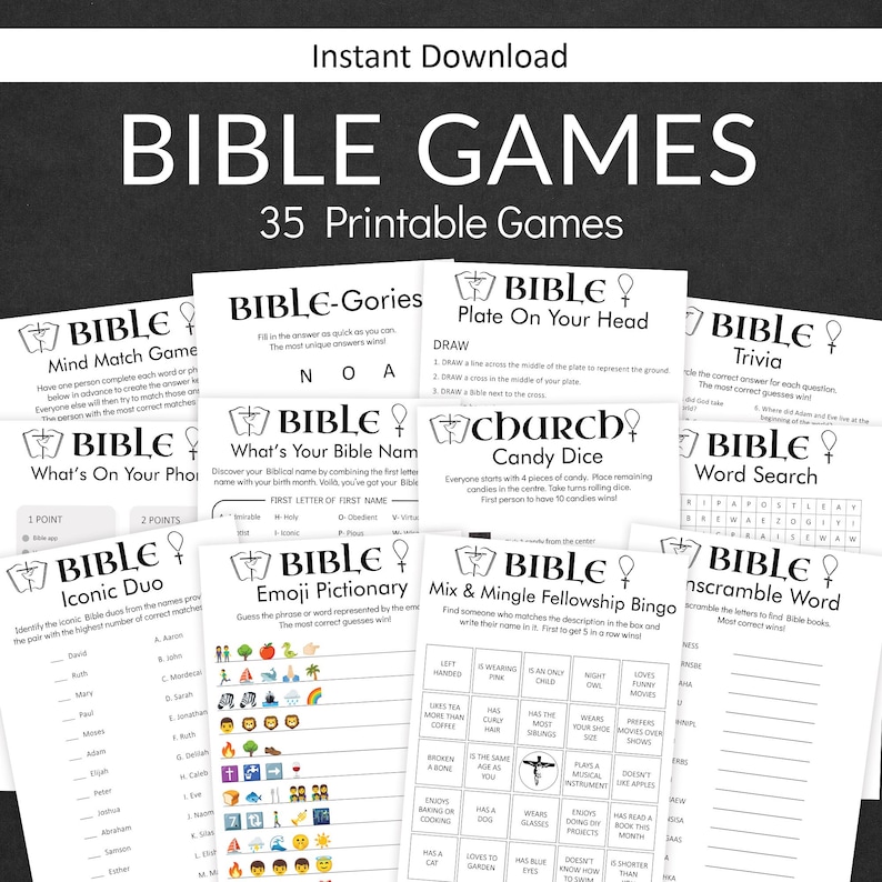 May include: A collection of printable Bible game cards. The cards feature various games such as Mind Match, Bible-Gories, Plate on Your Head, Church Candy Dice, Trivia, Word Search, Iconic Duo, Emoji Pictionary, Mix & Mingle Fellowship Bingo, and Unscramble Word.