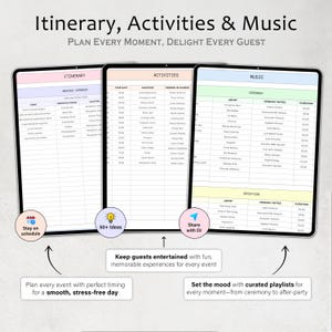 May include: Three digital tablets displaying event planning information. The tablets show itinerary, activities, and music details. The image includes text: "Itinerary, Activities & Music, Plan Every Moment, Delight Every Guest."