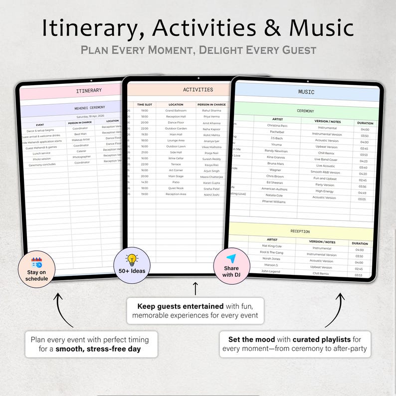 May include: Three digital tablets displaying event planning information. The tablets show itinerary, activities, and music details. The image includes text: "Itinerary, Activities & Music, Plan Every Moment, Delight Every Guest."