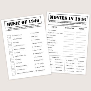 Puede incluir: Dos hojas de papel blanco con texto negro. Una hoja se titula "MUSIC OF 1946" y enumera canciones y artistas. La otra hoja se titula "MOVIES IN 1946" y enumera pel&iacute;culas, personajes y actores. Las hojas est&aacute;n dise&ntilde;adas como juegos de emparejamiento.