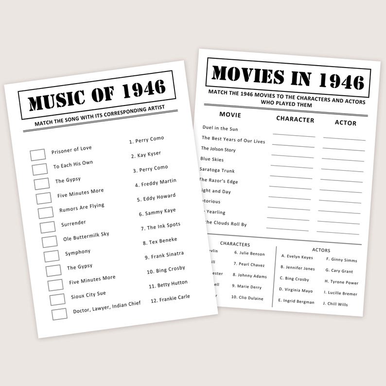 Puede incluir: Dos hojas de papel blanco con texto negro. Una hoja se titula "MUSIC OF 1946" y enumera canciones y artistas. La otra hoja se titula "MOVIES IN 1946" y enumera pel&iacute;culas, personajes y actores. Las hojas est&aacute;n dise&ntilde;adas como juegos de emparejamiento.
