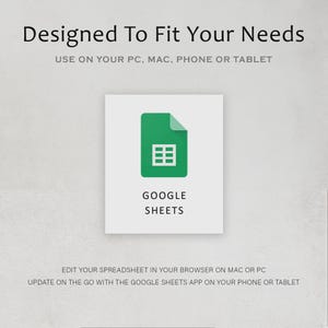 May include: A graphic promoting Google Sheets, featuring a green document icon with a grid inside. Text reads "Designed To Fit Your Needs" and "USE ON YOUR PC, MAC, PHONE OR TABLET." Additional text describes editing spreadsheets on various devices.