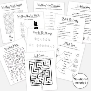 May include: A set of printable wedding games for guests to play at a wedding reception. The games include a word search, a word scramble, a shadow match, a decode the message, a lost couple maze, a wedding I spy, a match the candy, and a match game. The games are black and white and have a simple design.