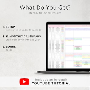 May include: A laptop displaying a digital planner with a colorful calendar layout. The screen shows a schedule with various events. Text on the screen reads "What Do You Get?" and "Includes an in-depth YOUTUBE TUTORIAL."