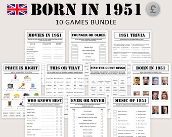 75th Birthday Games UK Bundle British 75th Birthday Party Games 1951 Trivia Born in 1951 75 year Men Women Him Her Pound PRINTABLE Digital
