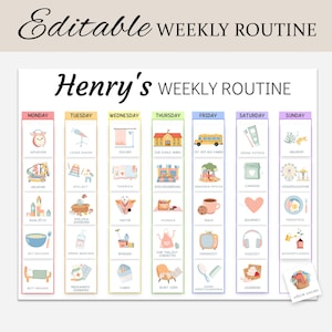 Calendario settimanale per bambini piccoli, pianificatore settimanale, tabella delle routine per bambini, schede di programma di responsabilità visiva, tabella delle faccende, immagini del ritmo settimanale MODIFICABILI