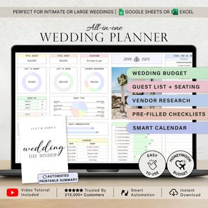 May include: A digital wedding planner displayed on a laptop screen, featuring budget trackers, guest lists, vendor research, checklists, and a calendar. The interface includes text labels like All-in-one WEDDING PLANNER and a printable binder summary.