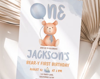 Beary First Birthday Invitation Teddy Bear Boy 1st Birthday Invitation Bear-y First Blue Balloon Party Invite EDITABLE Instant Digital B06