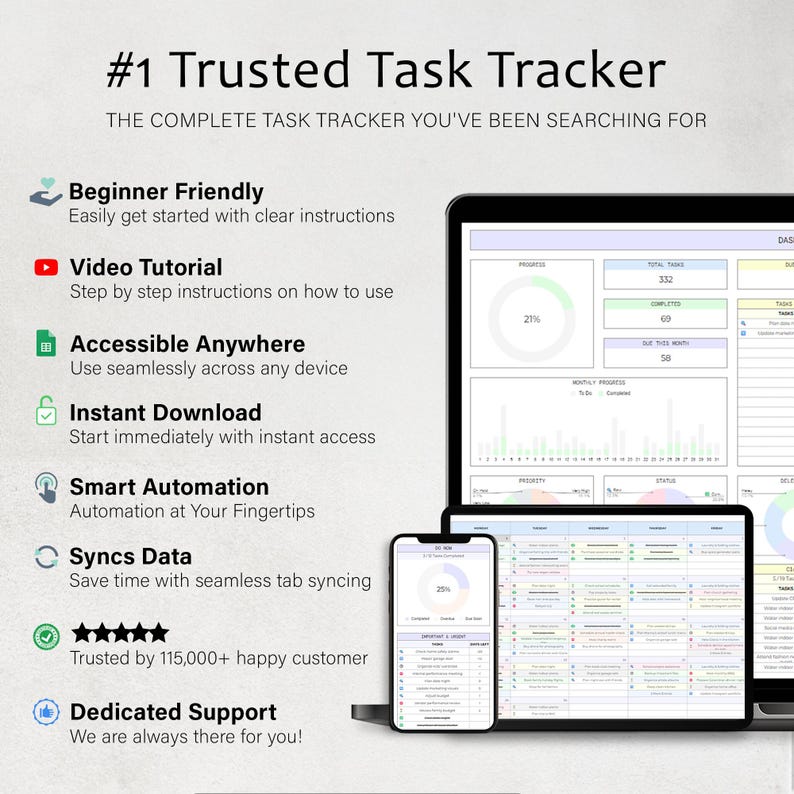 K&ouml;nnte beinhalten: Ein digitaler Task-Tracker, der auf einem Laptop, Tablet und Smartphone angezeigt wird. Die Oberfl&auml;che ist wei&szlig; mit gr&uuml;nen und blauen Akzenten. Der Text enth&auml;lt "#1 Trusted Task Tracker" und Funktionen wie "Beginner Friendly".