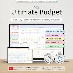 May include: A digital budget spreadsheet displayed on a laptop, tablet, and smartphone screen. The interface features an annual dashboard, debt tracker, savings tracker, and bill calendar. Text includes The Ultimate Budget and Budget by Paycheck.