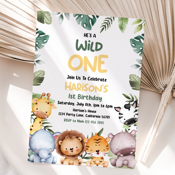 Safari Animals Birthday Invitation Jungle Invitation Wild Animals 1st Birthday Party Tiger Lion Elephant Invite Leopard Boy Zoo EDITABLE S05