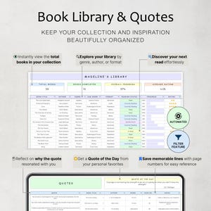 May include: A digital book library and quote organizer with the text "Book Library & Quotes." The interface displays book titles, authors, genres, and reading progress. Features include automated ratings, filter options, and quote saving.