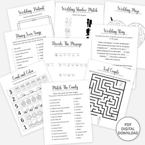 May include: A printable wedding game booklet with a variety of activities, including a wedding portrait, shadow match, maze, love song matching, count and color, decode the message, and match the candy. The booklet is black and white and has a PDF digital download label.