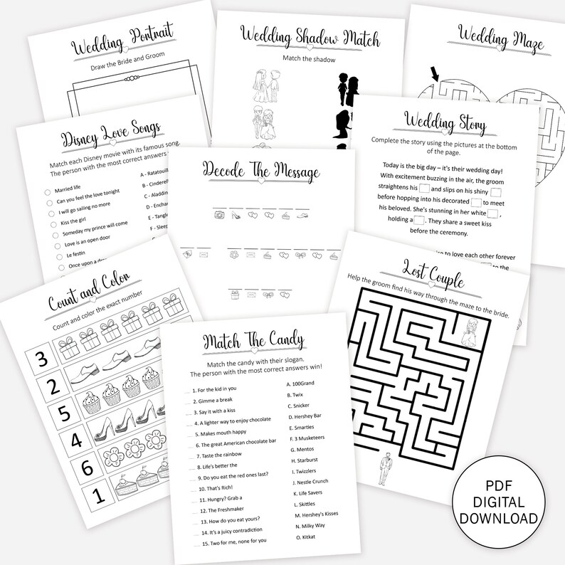 May include: A printable wedding game booklet with a variety of activities, including a wedding portrait, shadow match, maze, love song matching, count and color, decode the message, and match the candy. The booklet is black and white and has a PDF digital download label.