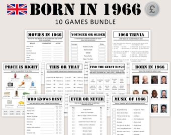 Paquete de juegos para el 60.º cumpleaños del Reino Unido Juegos para fiestas de cumpleaños británicos de 1966 Trivialidades Nacido en 1966 60 años Hombres Mujeres Él Ella Libra IMPRIMIBLE Digital