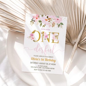 Little Miss Onederful Birthday Invitation First Birthday Invitation 1st Birthday Party Floral Party Invite Girl Theme EDITABLE Digital O01