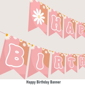 Könnte beinhalten: Rosa-brauner Happy Birthday Banner mit weißen Gänseblümchen und den Worten "Happy Birthday" in weißen Buchstaben.