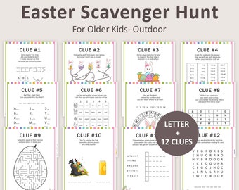 May include: A printable Easter scavenger hunt for older children. The 12 clues are on separate pages with various puzzles and riddles. The clues are decorated with Easter bunnies and eggs.