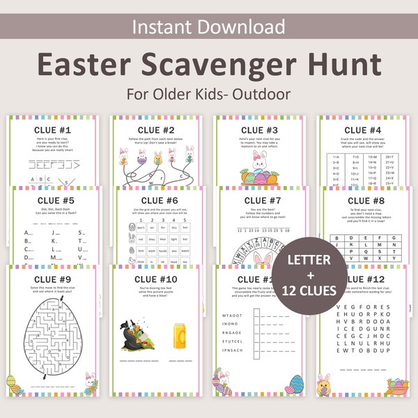 Easter Treasure Hunt for Older Kids Easter Scavenger Hunt Teens Easter Bunny Hunt Clues Outdoor Easter Basket Escape Room Puzzles PRINTABLE