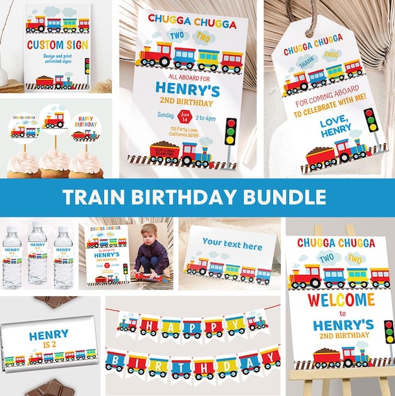 Train Birthday Invitation Bundle Train Decorations Chugga Chugga Two Two Party Decor 2nd Birthday Invite Train Theme Sign Boy EDITABLE T04