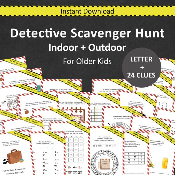 Detective Scavenger Hunt for Older Kids Spy Birthday Treasure Hunt Indoor Outdoor Police Hunt Clue Escape Room Top Secret Puzzle PRINTABLE