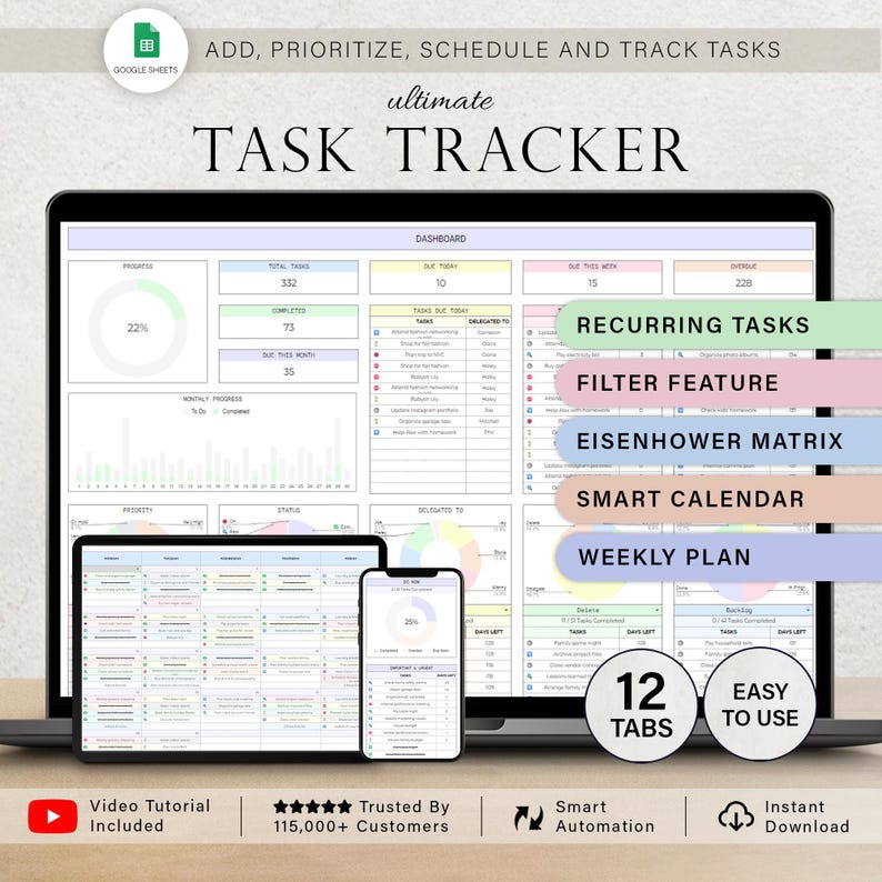 Aufgaben-Tracker To Do-Listenvorlage Tägliche Aufgaben Tabelle Wiederkehrende Aufgaben Produktionsplaner To-Do-Liste Projektmanagement Google Sheets Bild 1