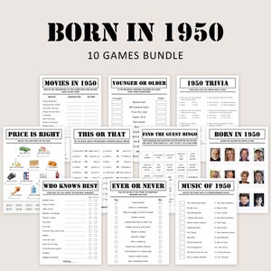 Pacchetto giochi per il 75° compleanno Giochi per feste di 75° compleanno 1950 Trivia Nato nel 1950 75 anni Uomini Donne Lui Lei Quiz STAMPABILE Digitale istantaneo