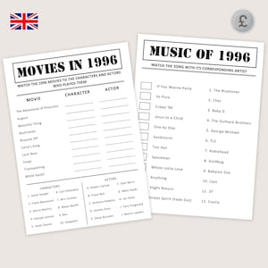 May include: Two white paper sheets with black text. One sheet is titled "MOVIES IN 1996" and the other "MUSIC OF 1996". The sheets are designed as trivia games, with fill-in-the-blank sections for movies, characters, actors, and songs.