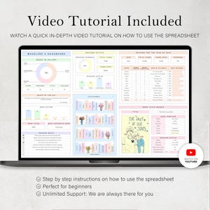 May include: A laptop displays a spreadsheet with colorful charts and graphs, including a reading progress tracker and book title search. The screen shows the text "Video Tutorial Included" and "Watch on YouTube". The spreadsheet is designed for tracking books.