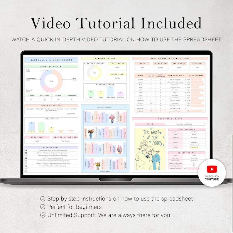 May include: A laptop displays a spreadsheet with colorful charts and graphs, including a reading progress tracker and book title search. The screen shows the text "Video Tutorial Included" and "Watch on YouTube". The spreadsheet is designed for tracking books.