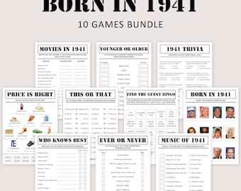 85th Birthday Games Bundle 85th Birthday Party Game 1941 Trivia Born in 1941 85 Year Old Men Women Him Her Quiz Printable Instant Digital