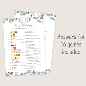 May include: A printable bridal shower game with a green and white floral design. The game is called "Emoji Pictionary" and players must guess the wedding-themed words and phrases represented by emojis. The game includes 12 questions with emojis and answers.