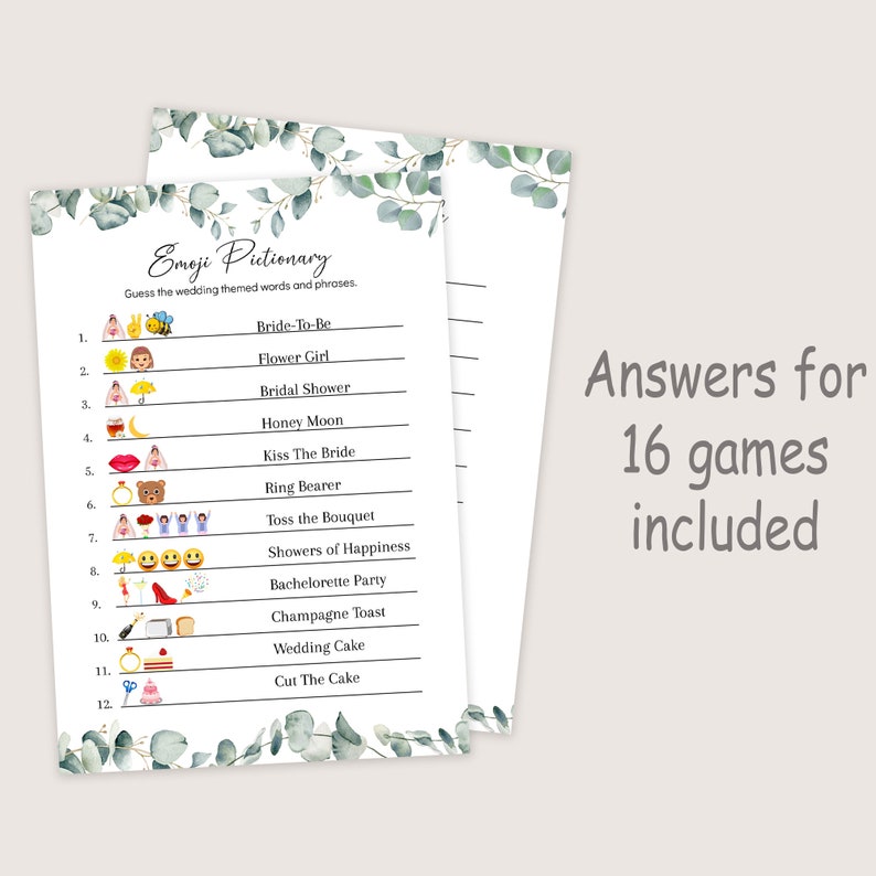 May include: A printable bridal shower game with a green and white floral design. The game is called "Emoji Pictionary" and players must guess the wedding-themed words and phrases represented by emojis. The game includes 12 questions with emojis and answers.