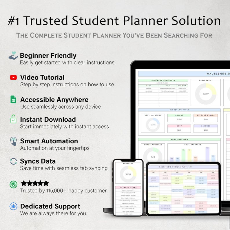 May include: A digital student planner displayed on a tablet, smartphone, and laptop. The planner features a user-friendly interface with sections for upcoming deadlines, budget overview, and goal tracking. Text includes "Beginner Friendly" and "Instant Download."