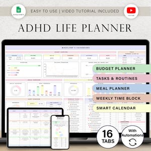 Foglio di calcolo per la pianificazione della vita ADHD, modello per il monitoraggio del budget, attività, elenco delle cose da fare, abitudini, obiettivi di produttività, pianificatore giornaliero, calendario digitale, Fogli Google