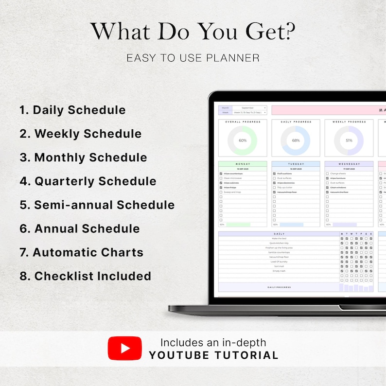 May include: A laptop screen displays a digital planner with sections for daily, weekly, monthly, quarterly, semi-annual, and annual schedules. The planner includes automatic charts and a checklist. The text "What Do You Get?" and "Easy to Use Planner" are at the top. Includes a YouTube tutorial.