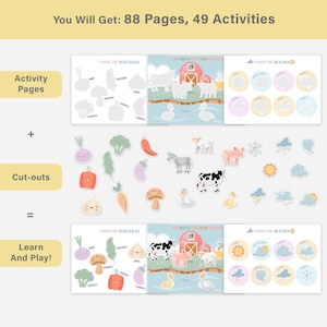 May include: Educational activity set with 88 pages and 49 activities. Includes pages for matching vegetables, farm animals, and weather patterns. Features colorful cut-out pieces for interactive learning. The text at the top says "You Will Get: 88 Pages, 49 Activities."
