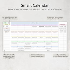Puede incluir: Un calendario inteligente para mayo de 2025, con el texto &laquo;KNOW WHAT'S COMING, SO YOU'RE ALWAYS ONE STEP AHEAD&raquo;. El calendario presenta entradas diarias, etiquetadas por cliente, con opciones para empezar la semana el lunes o el domingo.