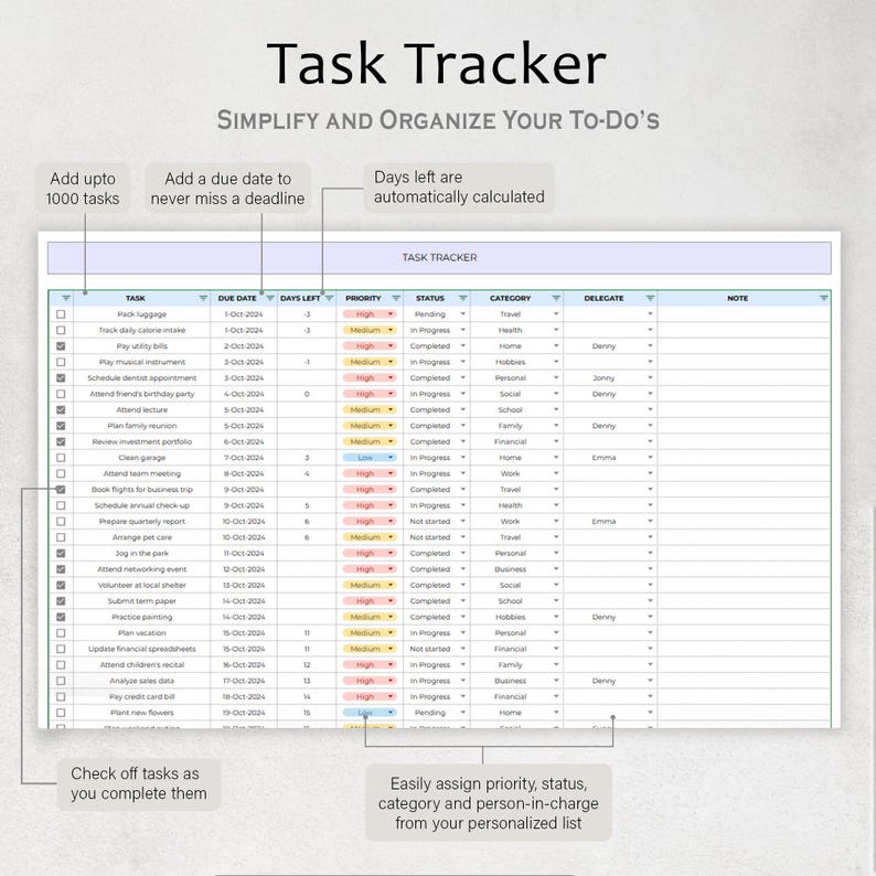 May include: A printable task tracker with a light blue and pink color scheme. The tracker has columns for task, due date, days left, priority, status, category, delegate, and note. The text "Simplify and Organize Your To-Do's" is at the top of the page.