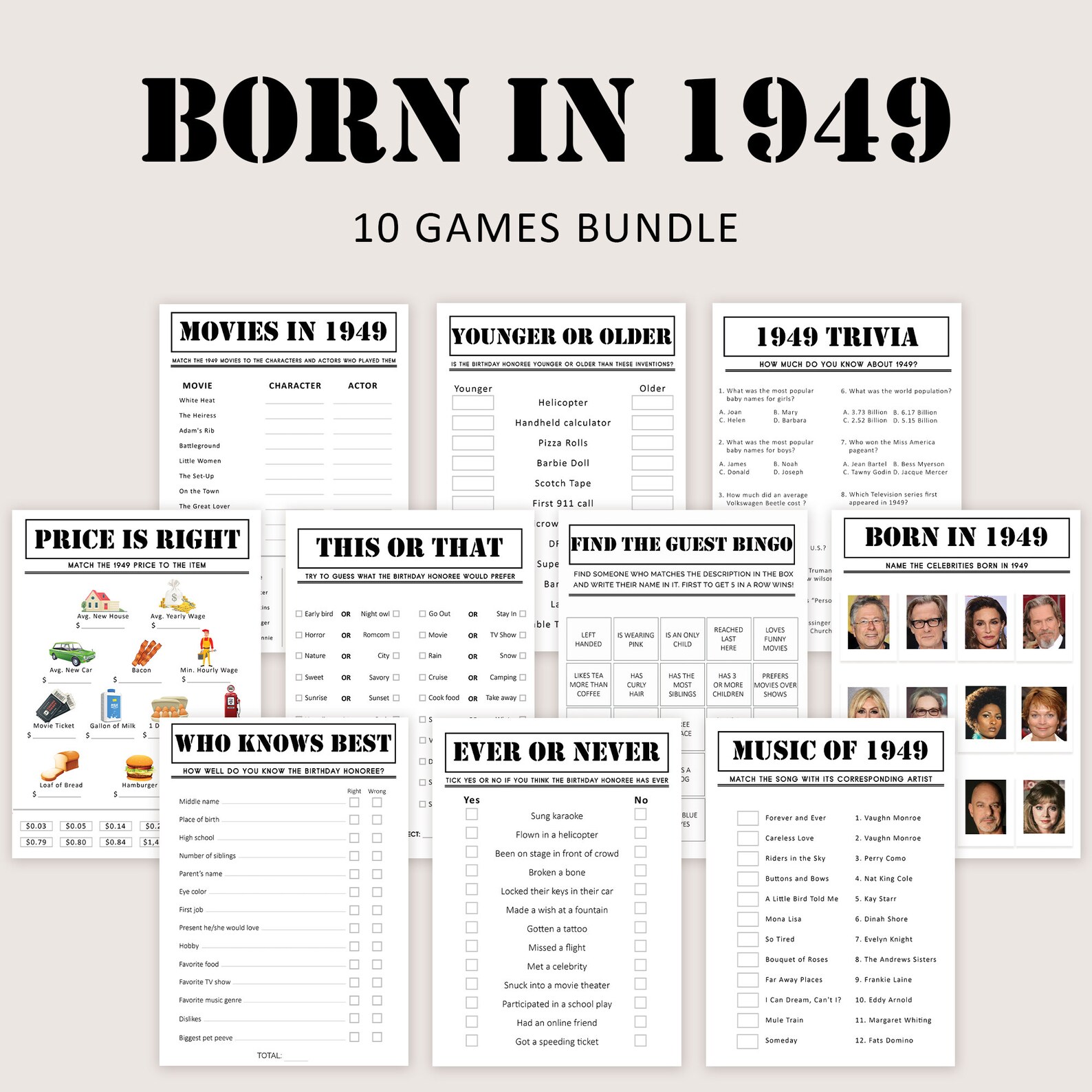75th Birthday Games Bundle 75th Birthday Party Games 1949 - Etsy