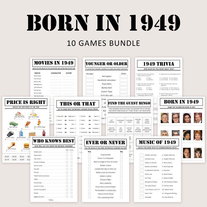 75th Birthday Games Bundle 75th Birthday Party Games 1949 - Etsy