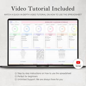 May include: A laptop displaying a cleaning schedule spreadsheet with the text "Video Tutorial Included." The spreadsheet is color-coded with sections for daily, weekly, and monthly tasks. A YouTube icon is visible, indicating a video tutorial.