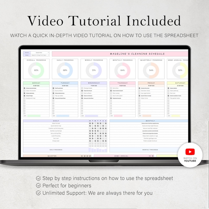 May include: A laptop displaying a cleaning schedule spreadsheet with the text "Video Tutorial Included." The spreadsheet is color-coded with sections for daily, weekly, and monthly tasks. A YouTube icon is visible, indicating a video tutorial.