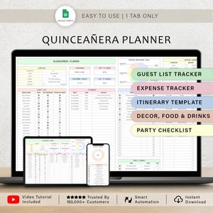 May include: A digital Quinceañera planner displayed on a laptop, tablet, and smartphone. The planner includes sections for guest lists, expenses, itineraries, decor, food, and a party checklist. The image also includes the text "Easy to Use | 1 Tab Only".
